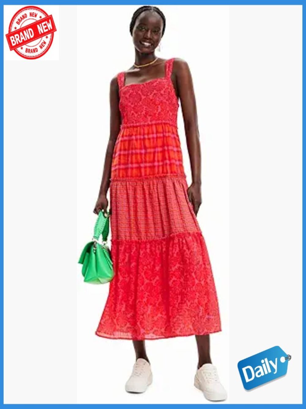 Woven A-Line Midi Dress with Spaghetti Straps, Square Neck